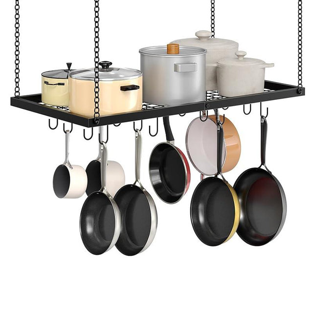 CHOEZON Hanging Pot Rack, Ceiling Mounted Pot Hanger for Kitchen, Metal Cookware Storage Organizer with 12 Hooks, for Storage of Cookware, Utensils in Kitchen, Black TPR31BB