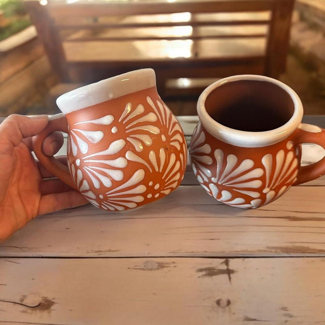 Set of 2 Mexican Pottery Mugs - White Terracotta Design, 12 oz Clay Taza