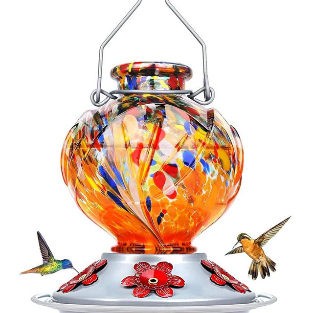 BOLITE Hummingbird Feeder, 24001O Hand Blown Glass Hummingbird Feeders for Outdoors Hanging, 22 Ounce, 5 Feeding Ports with Perch, Peony Flower Shape, Orange