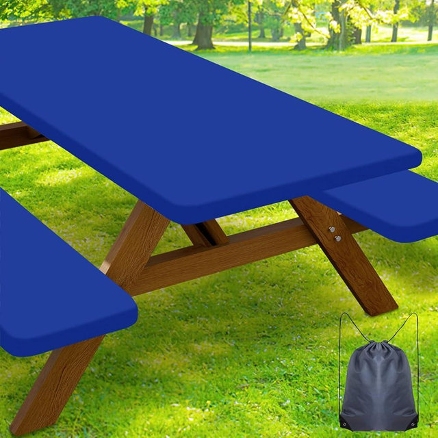 Smiry Picnic Table Cover with Bench Covers, Waterproof Elastic Fitted Polyester Tablecloths for 6 Ft Rectangle Tables, Washable Windproof Tablecloth for Camping, RV & Outdoor (Blue, 30x72 Inches)