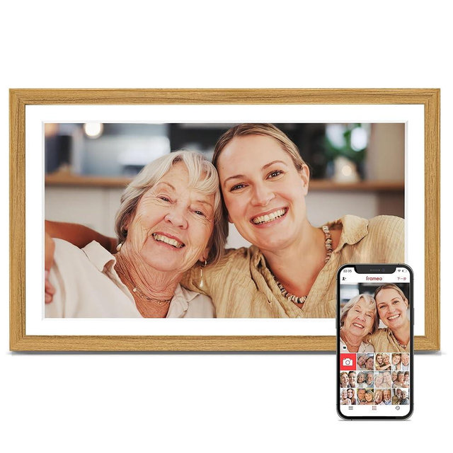 Digital Picture Frame, Frameo 15.6 inch Large Digital Photo Frame WiFi, 1920 * 1080 IPS FHD Touchscreen, 32GB Storage, Instant Share Photo Video, Gift for Mom (15.6'' Natural Woodgrain 32GB)