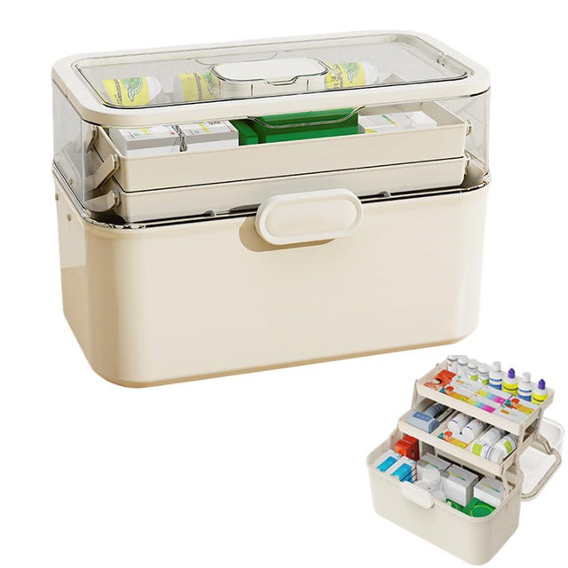 Haiansan Portable 3-Layer Foldable Medicine Organizer, Medical Storage with Removable Small Medicine Box, First Aid Box Empty with Handle, Dustproof & Moisture-Proof, Suitable for Home&Travel Use (L)