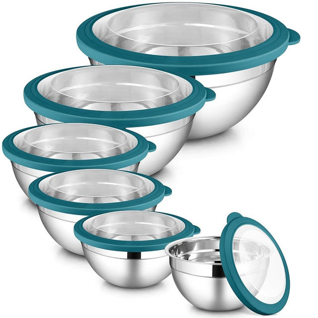 LIANYU 6 Packs Stainless Steel Mixing Bowls, Large 7, 3.5, 2.5, 2, 1.5, 1QT Size, Deep Metal Nesting Bowls Set for Baking Cooking Serving Prepping Food Storage, Include Visible Airtight Lid, Dark Blue