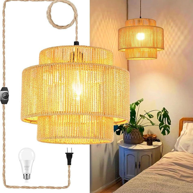 QIYIZM Plug in Pendant Light Hanging Lights with Plug in Cord Hanging Lamp Boho Rattan Dimmable Wicker Bamboo Woven Shade Hemp Rope Ceiling Light Fixture for Living Room Bedroom Kitchen
