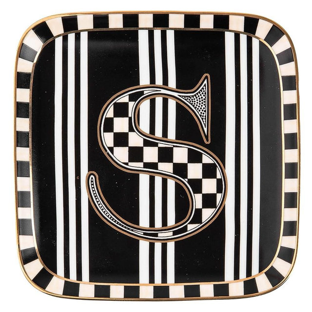 MACKENZIE-CHILDS Monogram Dish, Decorative Ceramic Letter Plate, 5 3/4" Square, S