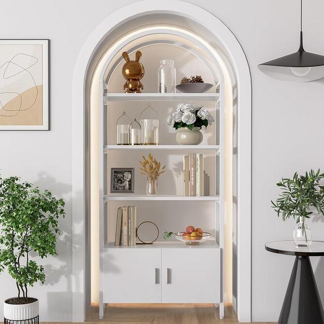 Jehiatek Arched Bookshelf, Bookcase with Doors Storage, 71 Inches Tall Industrial Book Shelf with Sturdy Metal Frame, E1 Quality Boards, Freestanding Display Shelving Unit, White