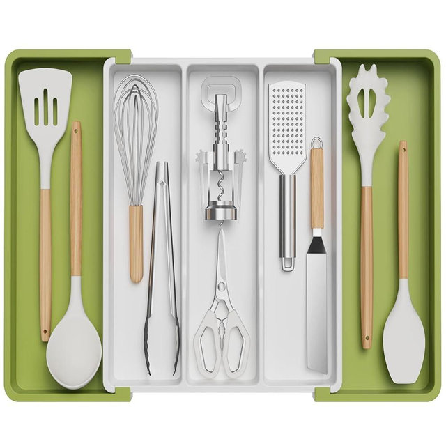 Lifewit Utensil Organizer for Kitchen Drawers, Expandable Cooking Utensil Tray, Adjustable Cutlery Silverware Flatware Holder, Plastic Spatula Tools and Gadgets Storage Divider, Large, Green&White