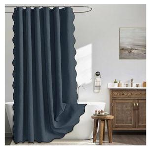 MIULEE Navy Blue Scalloped Shower Curtain Linen Textured with 12 Metal Hooks Cute Heavy Duty Washable Waterproof Thick Cloth Shower Curtains with Black Border for Bathroom Hotel Bathtub,W72*L72