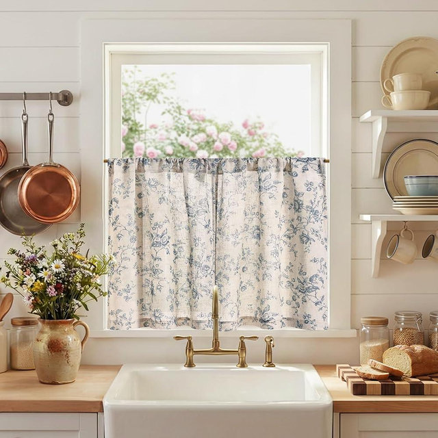 jinchan Amlie Floral Kitchen Curtains 30 Inch Length Linen Cafe Curtains Small Window Drapes Light Filtering Botanical Farmhouse for Bedroom Bathroom Rod Pocket 2 Panels Blue on Linen