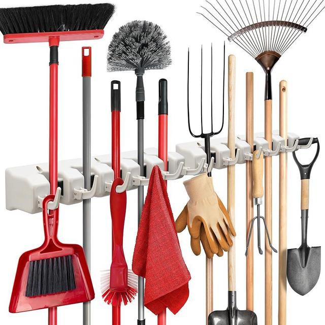 Mop and Broom Holder Wall Mount 2 Pack - Garage Storage Organizer with 5 Slots, 6 Hooks, 7.5lbs Capacity Per Slot - Home, Kitchen, Closet, Laundry Room Organization – Off-White Broom Hanger