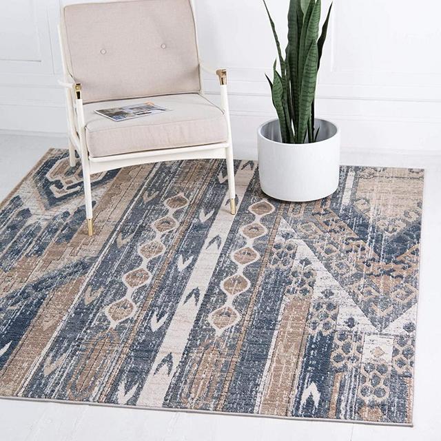 Rugs.com Oregon Collection Rug – 4 Ft Square Navy Blue Low-Pile Rug Perfect for Living Rooms, Kitchens, Entryways