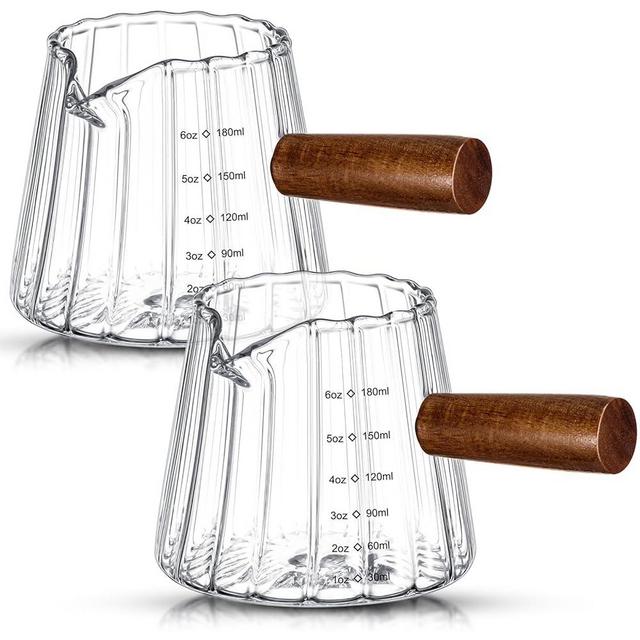 Jingmore 2 Pcs 6 Oz/180 ml Espresso Shot Glass with Wood Handle Single Spouts Espresso Cups Measuring Cup with Clear Scale Heat Resistant Espresso Glasses for Coffee Milk Tea Syrup Accessories