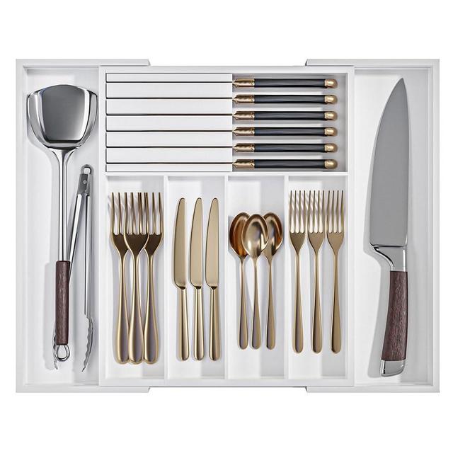 WUSHIZHUHUN Silverware Drawer Organizer Bamboo Knife Organizer Drawer Insert Expandable Utensil Holder for Kitchen Drawer Flatware Holder W12.8-20.2" x L16 x H2 (White)