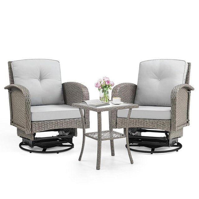 YOFE Outdoor Swivel Rocker Chairs Set, 3 Piece Patio Swivel Chairs Furniture Set, All-Weather Wicker Bistro Set, Washable Cushions, Ideal for Porch, Deck, Balcony, Backyard (LightGray)