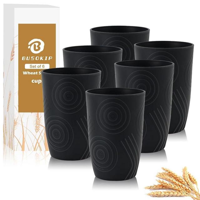 BUSOKIP Wheat Straw Cups 6 Pcs 16 OZ Plastic Cups, Unbreakable Drinking Cups, Kids Cups Set for Kitchen, Alternative to Plastic Cups Reusable Dishwasher Safe (Black)