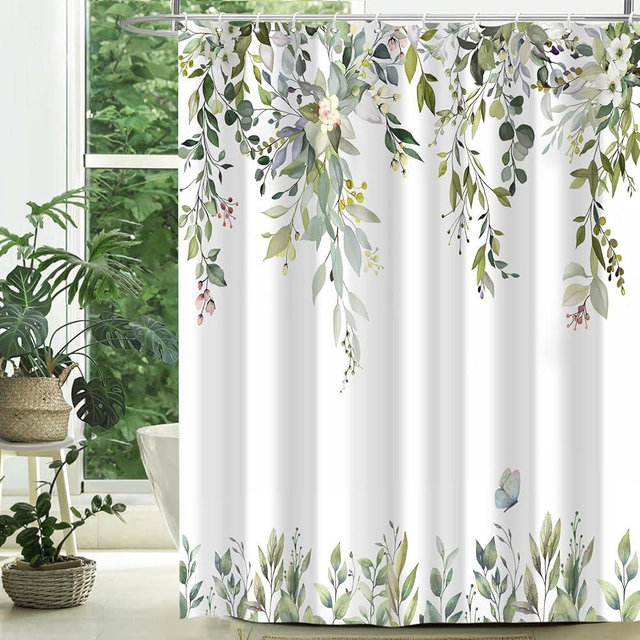 CTOTSYC Eucalyptus Shower Curtain, Sage Green Watercolor Leaves with Floral Botanical Bathroom Decor, Waterproof Fabric Bath Curtain Set with Hooks, 72x72 Inches