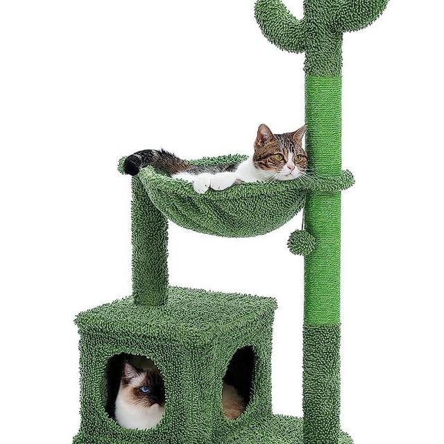 MUTTROS Cactus Cat Tree 40" Cat Tower with Large Metal Carpet Hammock, Cat Scratching Post for Indoor Cats with Condo& Dangling Ball, Green