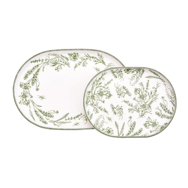 Bico Green Garden Toile De Jouy 16 plus 12 inch Oval Platters Set, Set of 2, Microwave and Dishwasher Safe, for Serving Fish, Chicken, Turkey