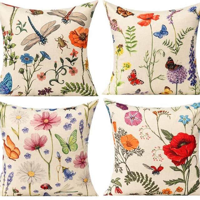 All Smiles Outdoor Patio Throw Pillow Covers 20x20 Set of 4 Spring Summer Garden Flowers Farmhouse Décor Outside Furniture Bench Chair Decorative Cushion Cases for Swing Deep Seat Bed Couch Sofa