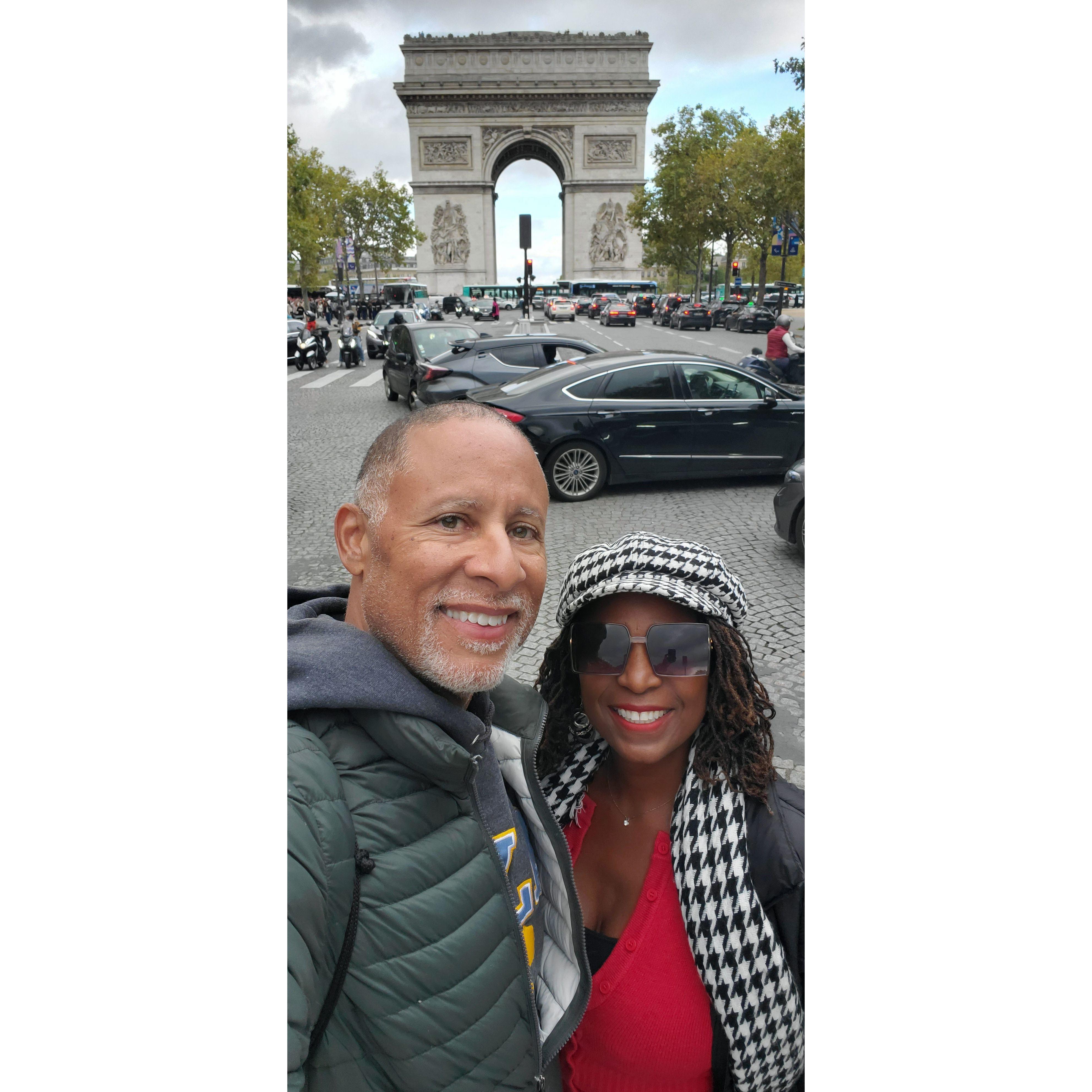 The Arc de Triomphe monument in Paris, France, at the western end of the Champs-Élysées