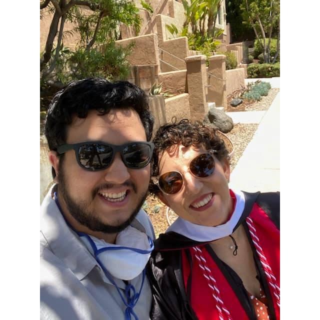 On our way to Laura's 2021 commencement ceremony, one year after actually graduating.