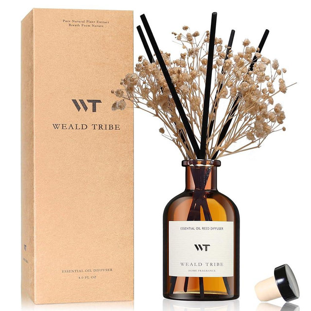 WEALD TRIBE Reed Diffuser Set for Bathroom Air Fresheners, Oil Diffuser Sticks | Vanilla Whiskey Scent 4.0 fl oz Home Fragrance with Sticks Defusers | House Bedroom Office Shelf Decor