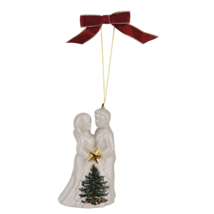 Spode Christmas Tree Bride & Groom Ornament, Festive Holiday Bauble for Christmas Tree, Earthenware Hanging Decoration with Red Ribbon for Easy Hanging, Decorative Accent & Keepsake Gift