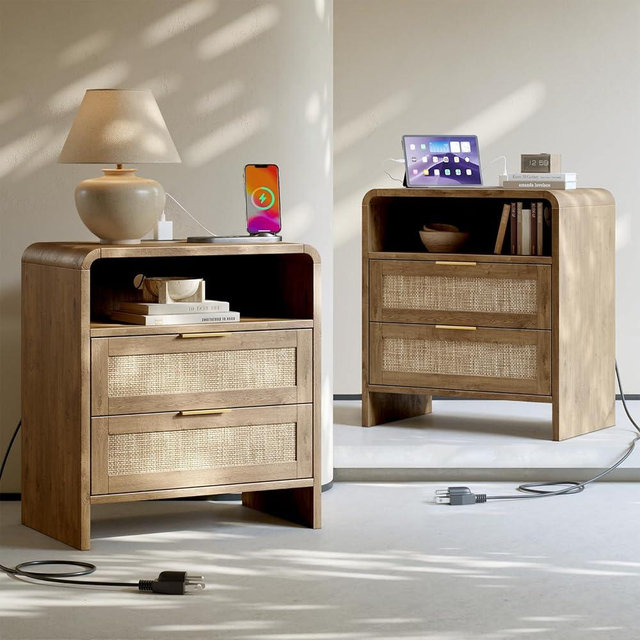 Evermagin Rattan Nightstand Set of 2 with Charging Station, 23" Large Caramel Night Stand with 2 Rattan Drawers, Boho Bedside Table Tall End Table with Outlet for Bedroom