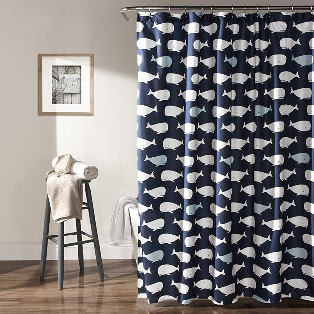 Lush Decor, Navy Whale Shower Curtain-Fabric Ocean Fish Animal Print Design for Kids, 72" x 72"