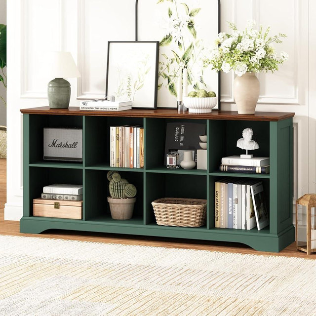 Athyrios 8 Cube Storage Organizer - 62" Long Farmhouse Wood Low Bookshelf, Horizontal Open Shelf Bookcase Cubby Storage Console Cabinet for Living Room, Entryway, Office, Green