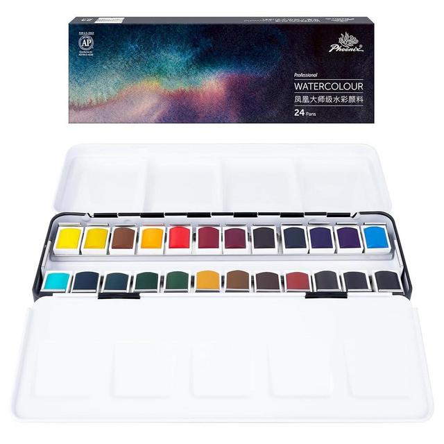 PHOENIX Professional Watercolor Paint Set - 24 Colors Half Pan Water Color Paint Palette with Tin Box, Portable Travel Watercolors for Adults, Artists