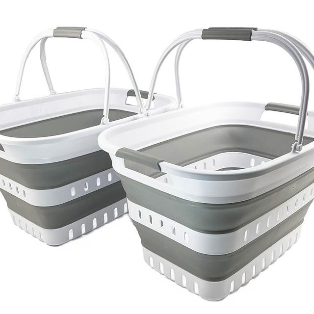 SAMMART Collapsible Laundry Basket with Handles 35L (9.25 Gallons) - Portable Outdoor Picnic Basket/Crate - Foldable Basket for Camping (White/Grey (Set of 2))