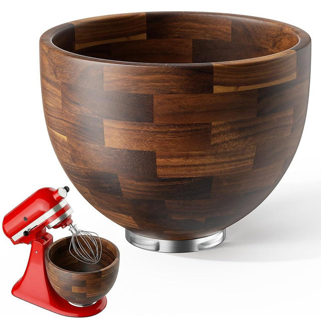 KitchenAid 5 QT Solid Acacia Wood Mixing Bowl for 4.5 & 5 Quart Tilt-Head Stand Mixers with Locking Steel Base, Warmer & Quieter Replacement Bowl for Baking & Dough, Kitchen Gift Idea