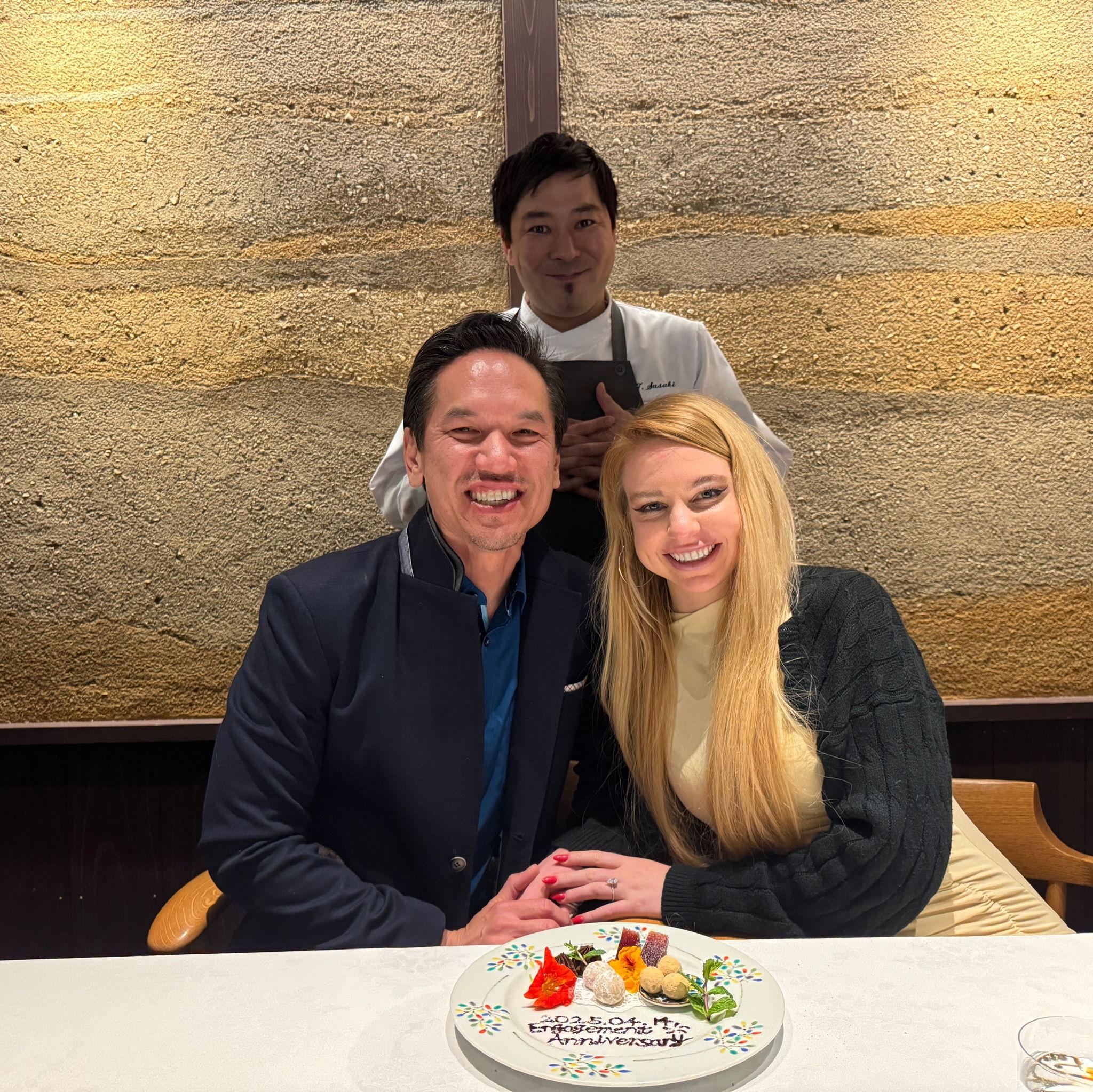 Following the proposal, Gilbert planned a very special dinner for Kathryn at a French-Japanese fusion restaurant. This was one of the BEST meals of our lives. Here is us with the wonderful chef. :)