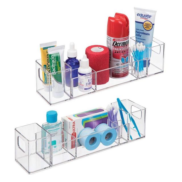mDesign Plastic Storage Organizer Bin with Handles - Divided Organizer for Vitamins, Supplements, Serums, Essential Oils, Medicine Pill Bottles, Adhesive Bandages, First Aid Supplies - 2 Pack - Clear