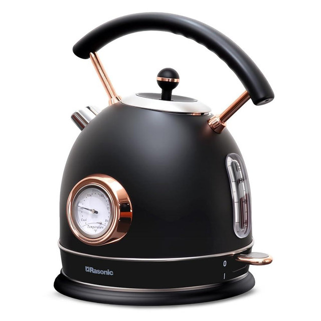 Rasonic Retro Electric Kettle Stainless Steel, 1.8L Tea Water Boiler, 1500W Fast Quiet Boil, Temperature Gauge, Auto Shut-Off, Boil-Dry Protection, Matt Black and Rose Gold