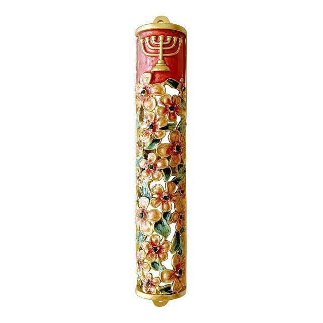 Pasiir Hand Painted Mezuzah, Exquisite Enamel Mezuzah with Menorah and Pomegranate Motifs
