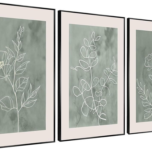 3Pcs Sage Green Botanical Wall Art Line Drawing Floral Canvas Poster Prints Modern Abstract Minimalist Picture Neutral Boho Artwork Simple Painting Wall Decor for Living Room Bedroom 12x16in Unframed
