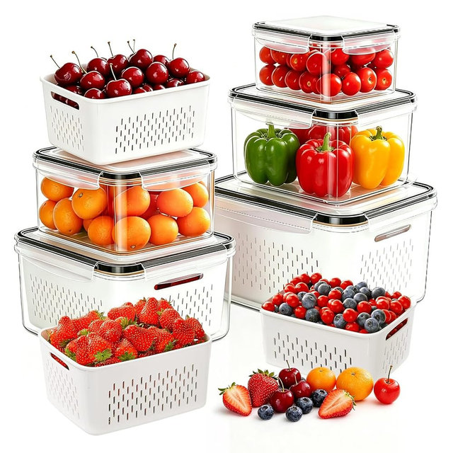 HestiaSnax 5 Pack Large Fruit Storage Containers for Fridge, Leakproof Produce Containers with Removable Colanders, Dishwasher Safe Fridge Organizers and Storage, Keep Berry, Vegetables Fresh Longer