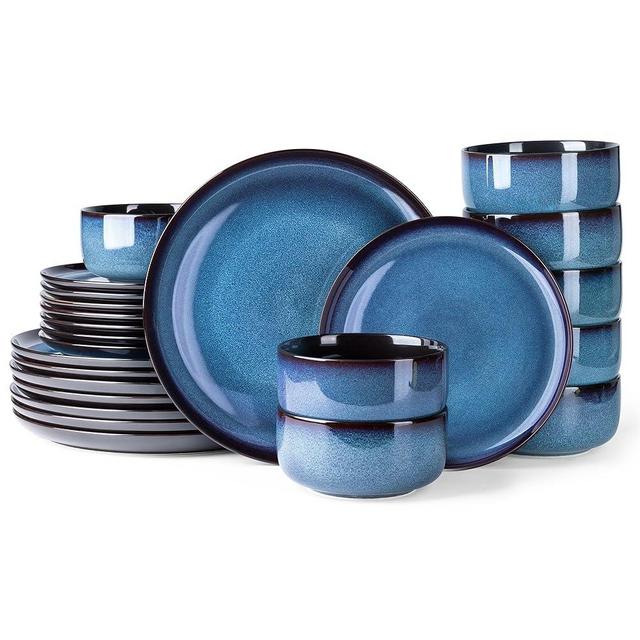 LERATIO Ceramic Dinnerware Sets,Stoneware Plates and Bowls Sets,Reactive Glaze Dishes Set,Highly Chip and Crack Resistant | Dishwasher & Microwave & Oven Safe Dishes set,Service for 8-Blue(24pc)