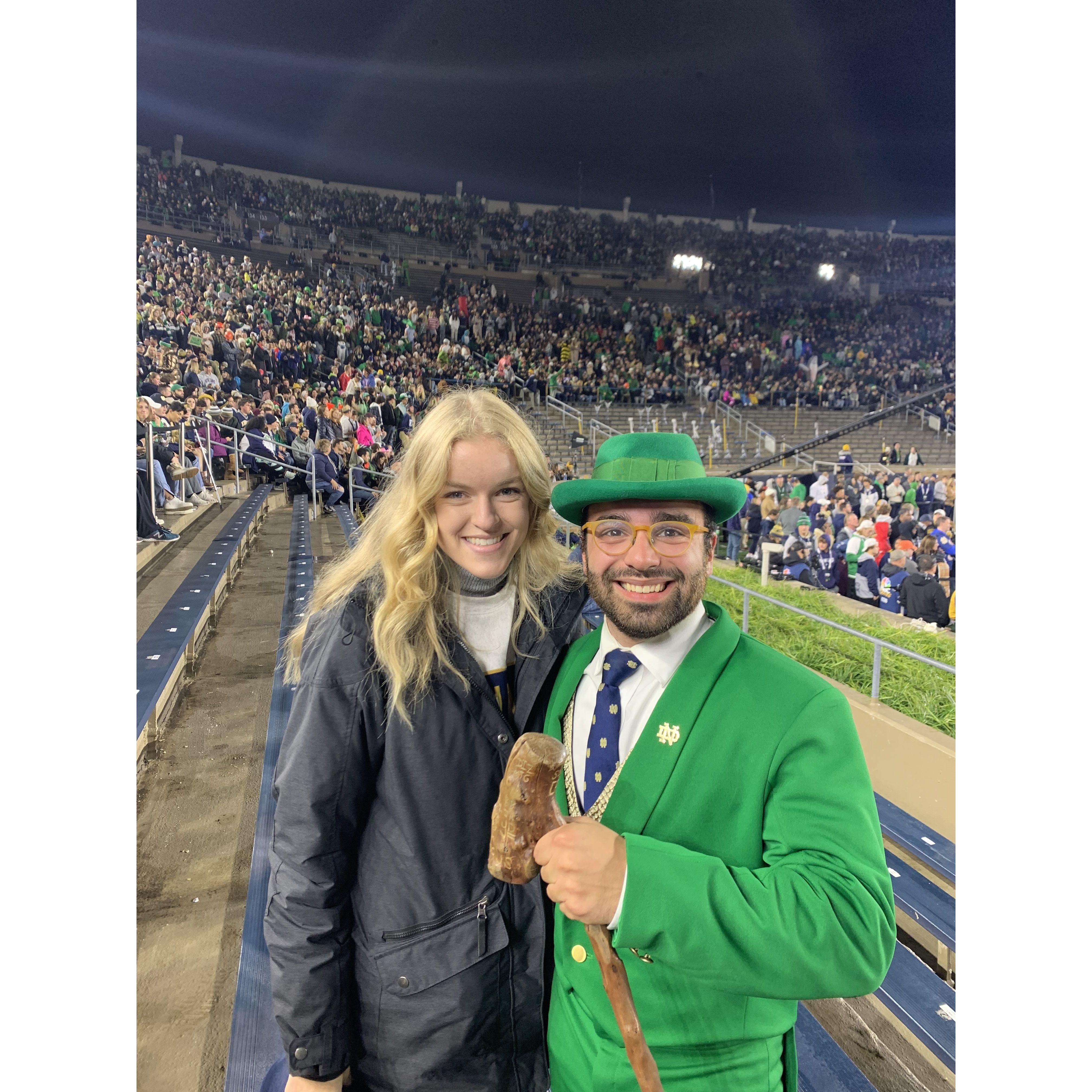 Notre Dame vs UNC football, with Gabe leading the crowd as Leprechaun (Oct. 2021)