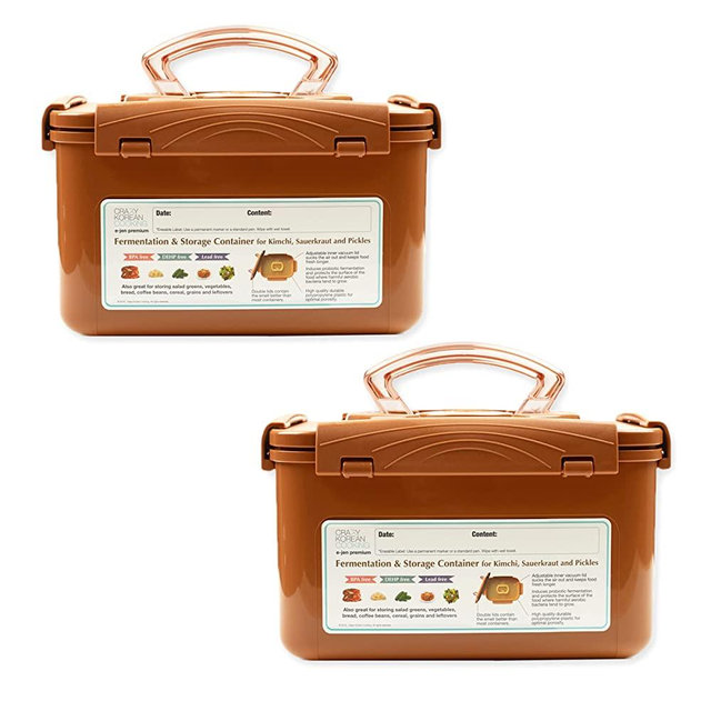 Crazy Korean Cooking Premium Kimchi, Sauerkraut Fermentation and Storage Container with Inner Vacuum Lid, Sandy Brown 1.3 Gal (5.2L) 2 PACK