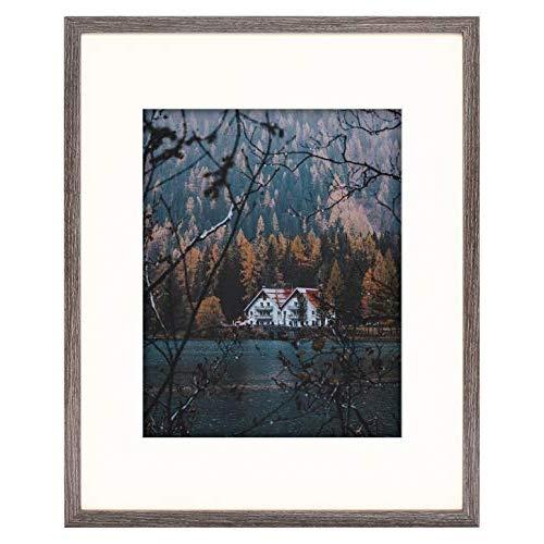 Frametory, Frame with Ivory Mat for Photo - Smooth Wood Grain Finish - Sawtooth Hangers, Real Glass - Landscape/Portrait, Wall Display (Grey, 16x20 Frame for 11x14 Photo)