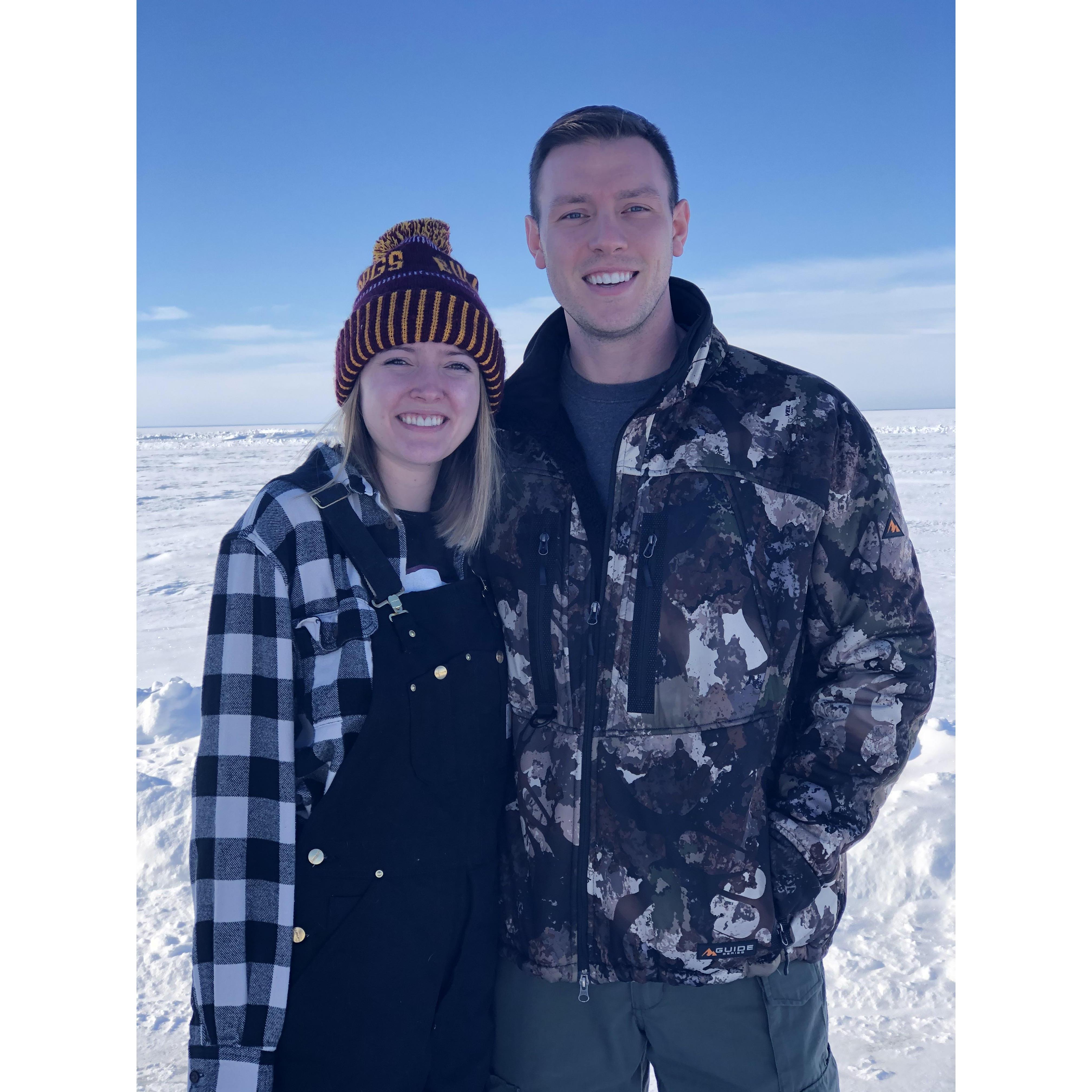 January 2020.
Ice fishing on Red Lake with Courtney's parents, Cassidy (maid of honor), and Trevor (groomsman).