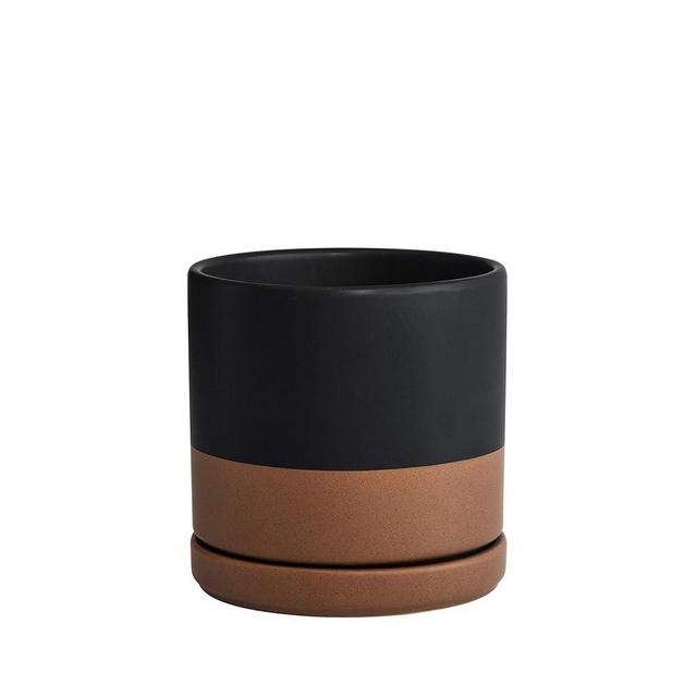 D'vine Dev 6 Inch Ceramic Planter Pot with Drainage Hole and Saucer, Indoor Cylinder Round Planter Pot, Black/Speckled Tan, 94-O-S-7