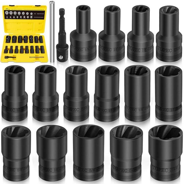 Topec 17PCS Lug Nut Extractor Set, 1/2" Drive Stripped Lug Nut Remover, Universal Locking Lug Nut Removal Tool, Heavy Duty Nut Extractor Socket Set for Damaged, Rounded Tire Bolts and Car Lug Nuts