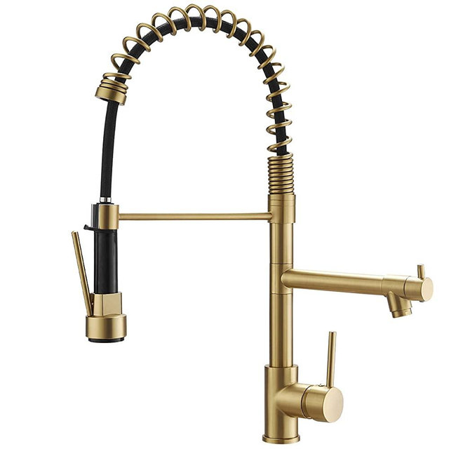 Brushed Gold Kitchen Faucet with Pull Down Sprayer, AIMADI Commercial Gold Kitchen Sink Faucet Single Handle Spring Two Nozzles Faucets