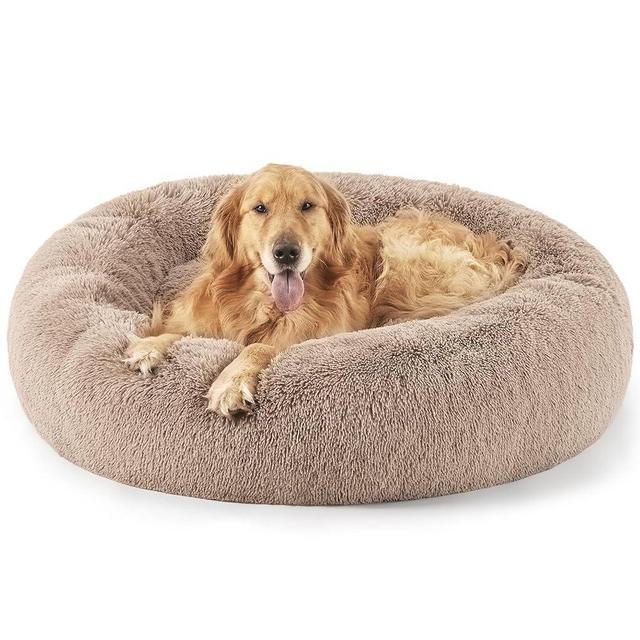 Bedsure Calming Dog Bed for Extra Large Dogs - Donut Washable Large Pet Bed, 45 inches Anti-Slip Round Fluffy Plush Faux Fur Dog Bed, Fits up to 125 lbs Pets, Camel