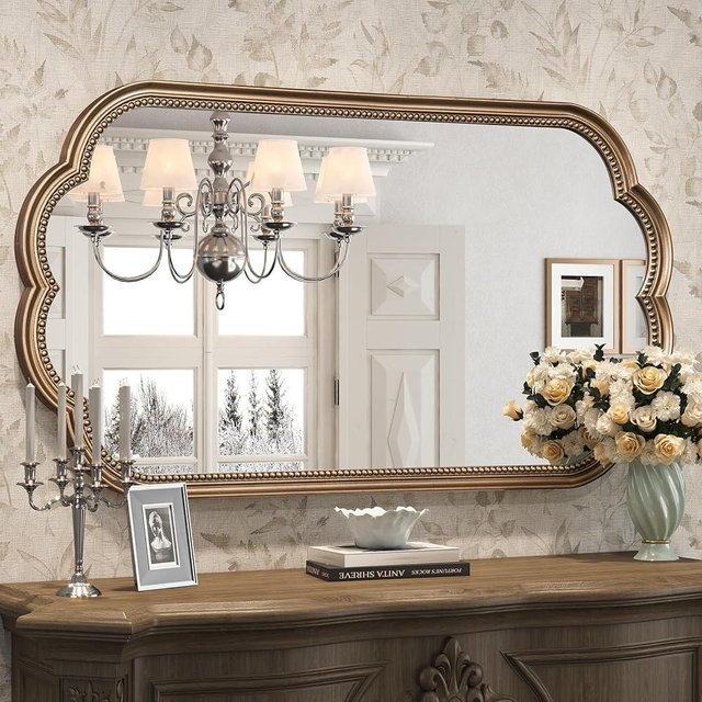 Wiserset Scalloped Mirror for Bathroom, 23" x 42" Antique Wide Brass Mirror, Gold Scalloped Vintage Mirrors with Beaded Frame for Over Sink, Bathroom, Bedroom, Living Room, Fireplace, Entryway