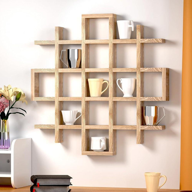 Suzile Wood Color Oversize Coffee Mug Display Rack Wooden Display Shelves Rustic Wooden Floating Curio Shelf Travel Mug Shelf Wall Mounted Coffee Mug Rack Holder Shadow Box Shelf